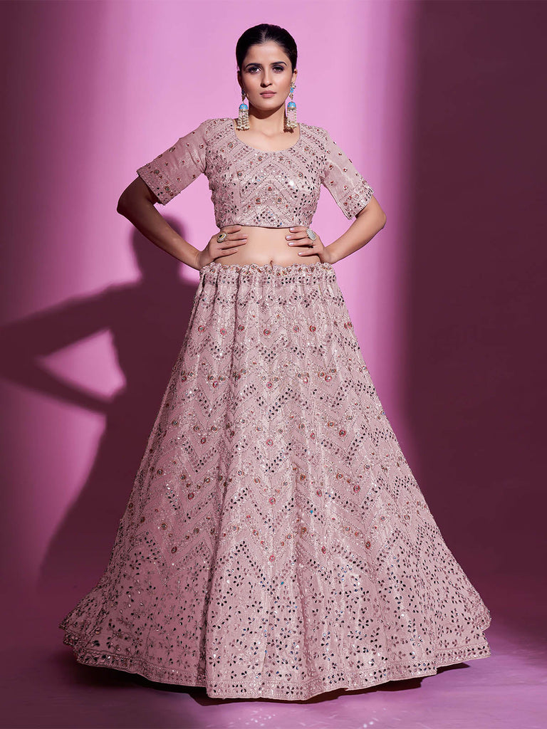 Peach Silk Blend Embroidered Semi Stitched Lehenga With Unstitched Blouse Clothsvilla