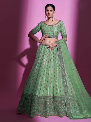 Green Silk Blend Embroidered Semi Stitched Lehenga With Unstitched Blouse Clothsvilla
