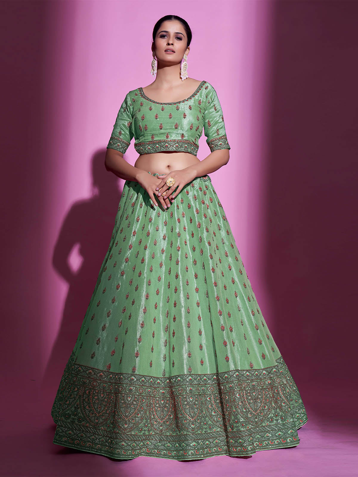 Green Silk Blend Embroidered Semi Stitched Lehenga With Unstitched Blouse Clothsvilla