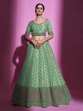 Green Silk Blend Embroidered Semi Stitched Lehenga With Unstitched Blouse Clothsvilla