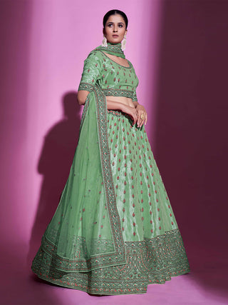 Green Silk Blend Embroidered Semi Stitched Lehenga With Unstitched Blouse Clothsvilla