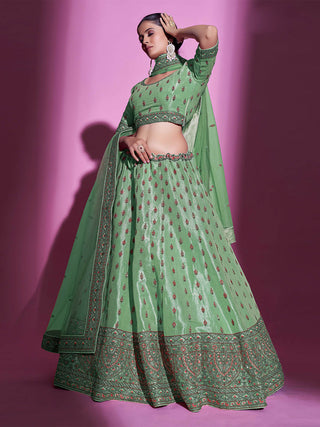 Green Silk Blend Embroidered Semi Stitched Lehenga With Unstitched Blouse Clothsvilla