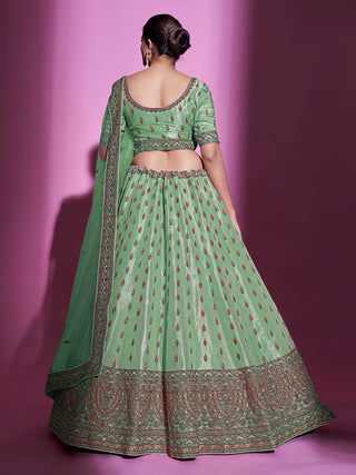 Green Silk Blend Embroidered Semi Stitched Lehenga With Unstitched Blouse Clothsvilla