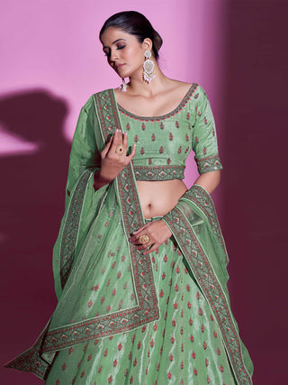 Green Silk Blend Embroidered Semi Stitched Lehenga With Unstitched Blouse Clothsvilla