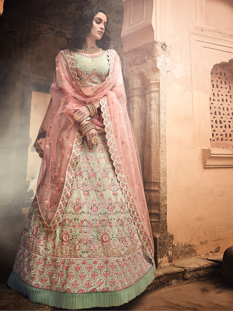 Beige Embroidered Georgette Semi Stitched Lehenga With Unstitched Blouse Clothsvilla Main image