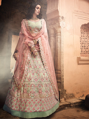 Beige Embroidered Georgette Semi Stitched Lehenga With Unstitched Blouse Clothsvilla