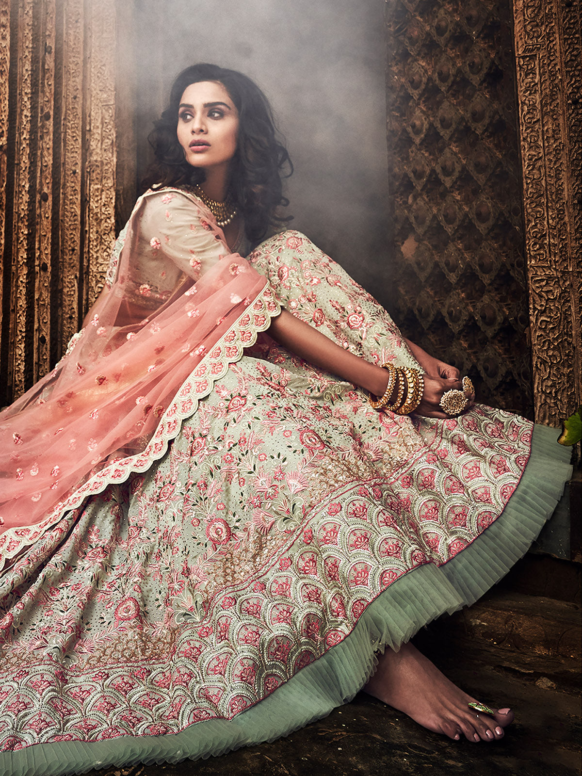 Beige Embroidered Georgette Semi Stitched Lehenga With Unstitched Blouse Clothsvilla