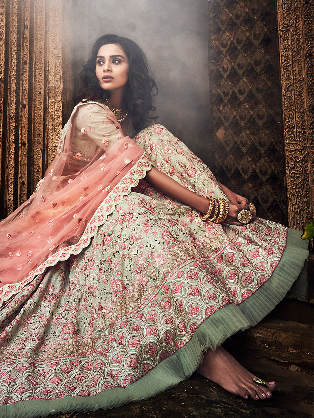 Beige Embroidered Georgette Semi Stitched Lehenga With Unstitched Blouse Clothsvilla