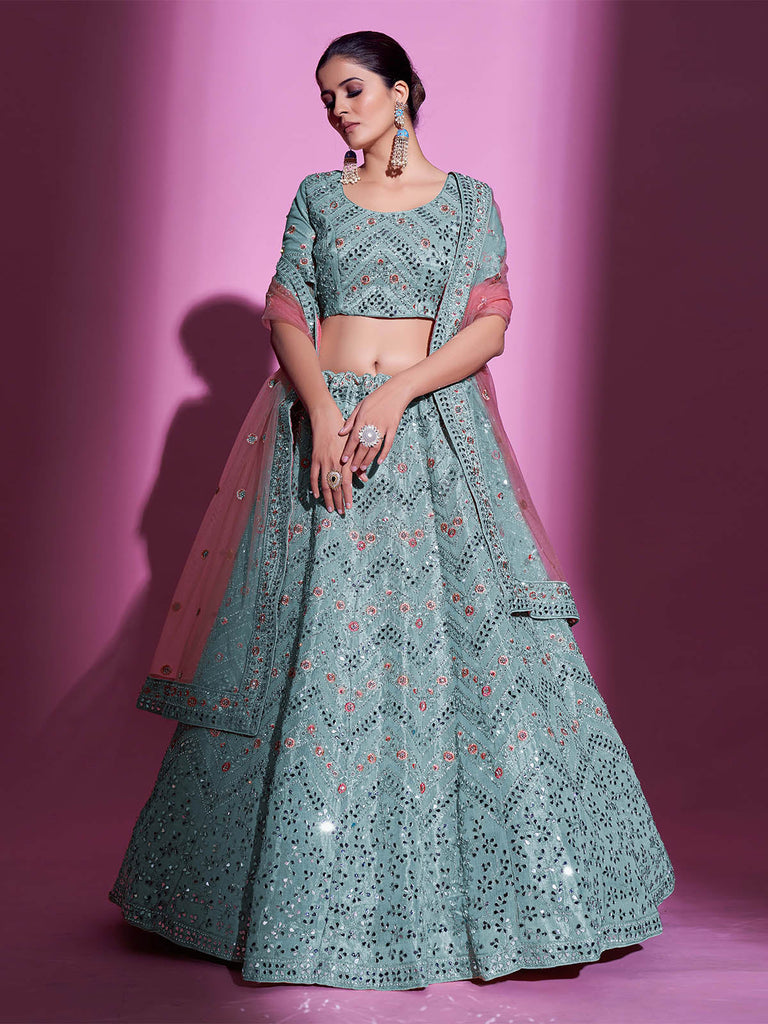 Blue Silk Blend Embroidered Semi Stitched Lehenga With Unstitched Blouse Clothsvilla