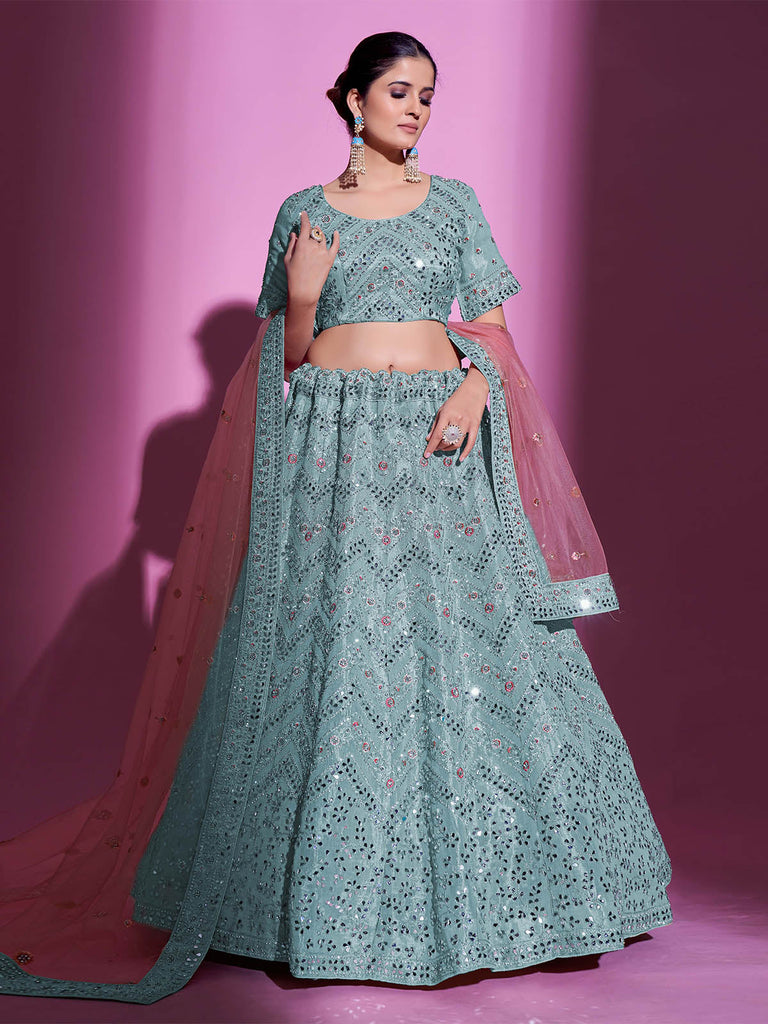 Blue Silk Blend Embroidered Semi Stitched Lehenga With Unstitched Blouse Clothsvilla