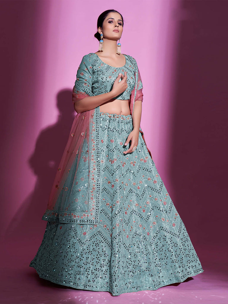 Blue Silk Blend Embroidered Semi Stitched Lehenga With Unstitched Blouse Clothsvilla