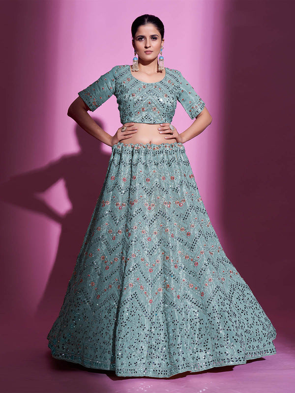 Blue Silk Blend Embroidered Semi Stitched Lehenga With Unstitched Blouse Clothsvilla