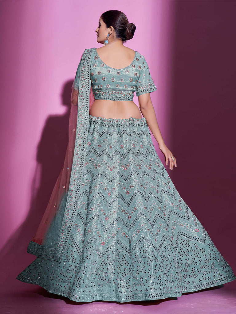 Blue Silk Blend Embroidered Semi Stitched Lehenga With Unstitched Blouse Clothsvilla