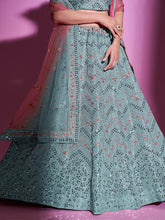 Load image into Gallery viewer, Blue Silk Blend Embroidered Semi Stitched Lehenga With Unstitched Blouse Clothsvilla