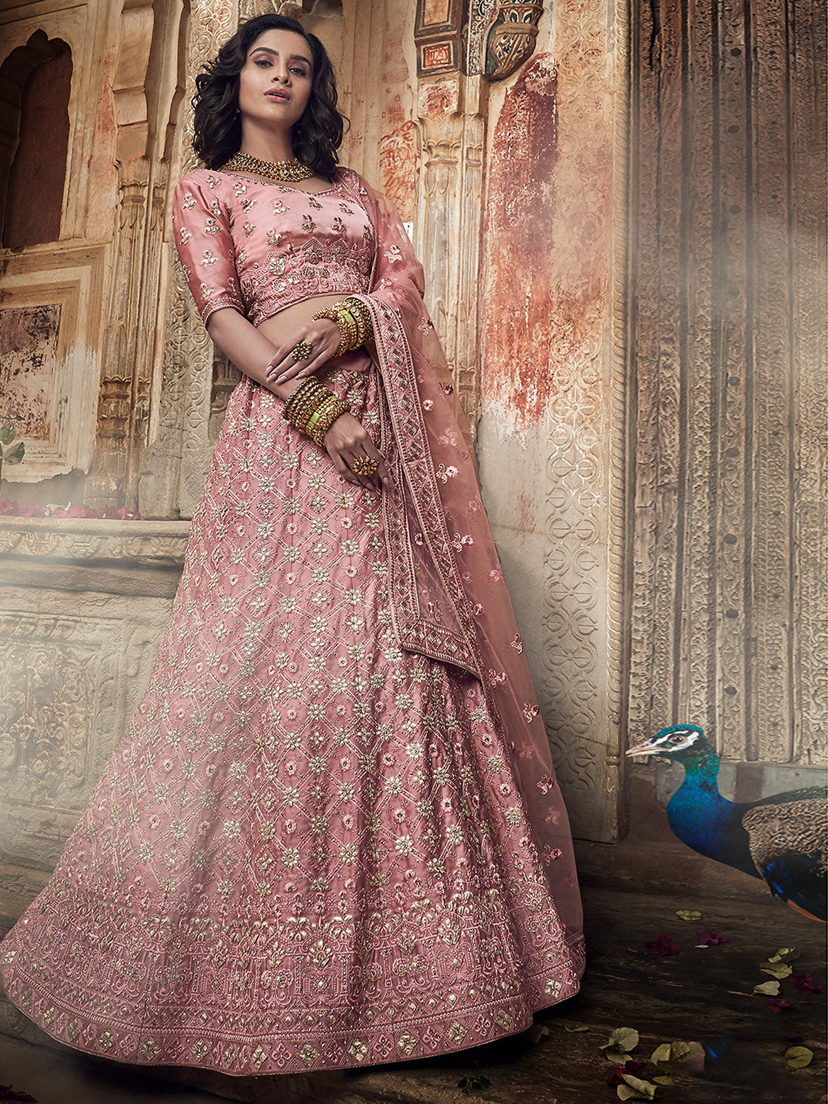 Pink Satin Semi Stitched Lehenga With Unstitched Blouse Clothsvilla