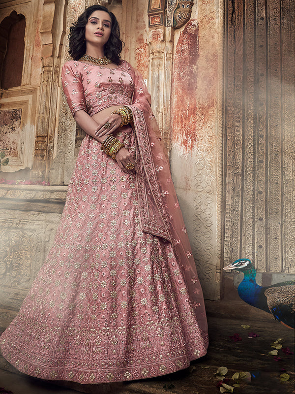 Pink Satin Semi Stitched Lehenga With Unstitched Blouse Clothsvilla