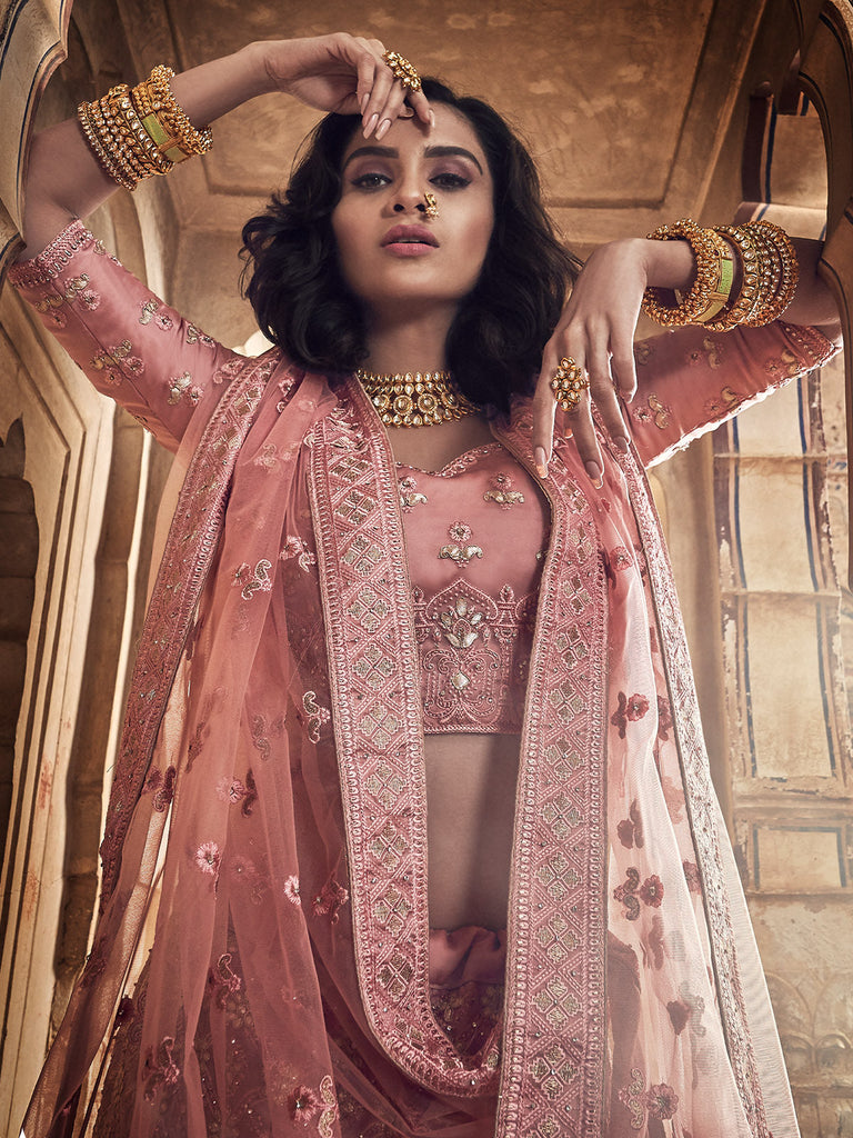 Pink Satin Semi Stitched Lehenga With Unstitched Blouse Clothsvilla