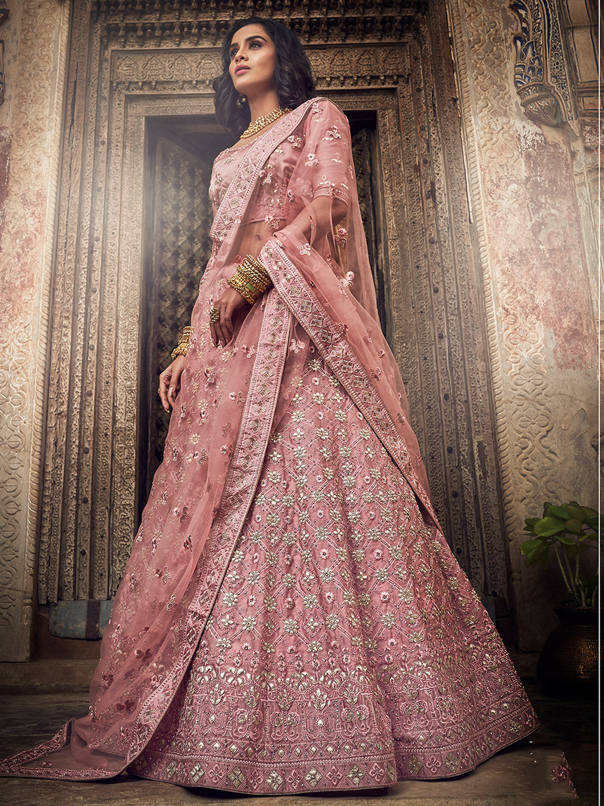 Pink Satin Semi Stitched Lehenga With Unstitched Blouse Clothsvilla