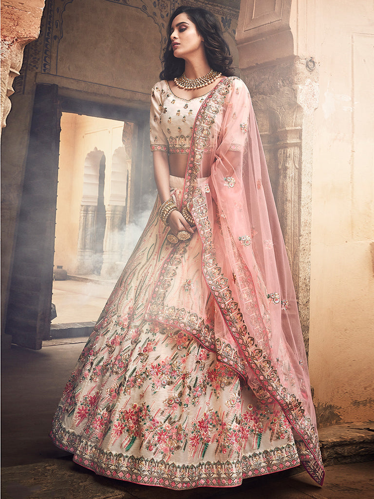 Apricot Embroidered  Organza Semi Stitched Lehenga With Unstitched Blouse Clothsvilla