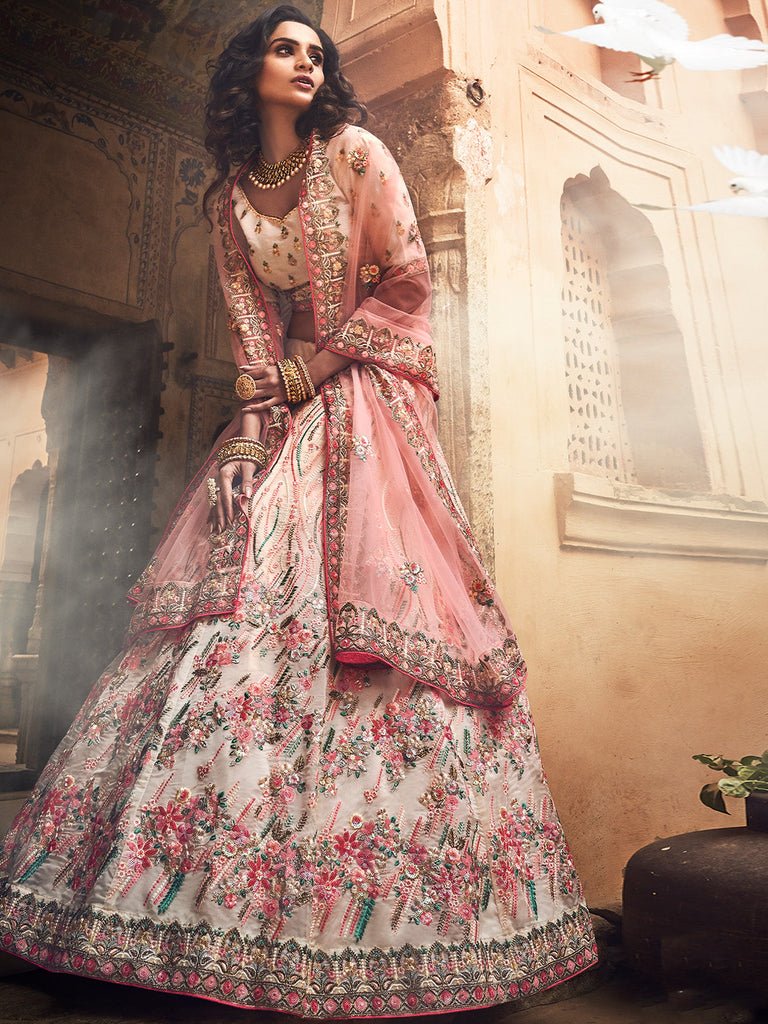 Apricot Embroidered  Organza Semi Stitched Lehenga With Unstitched Blouse Clothsvilla