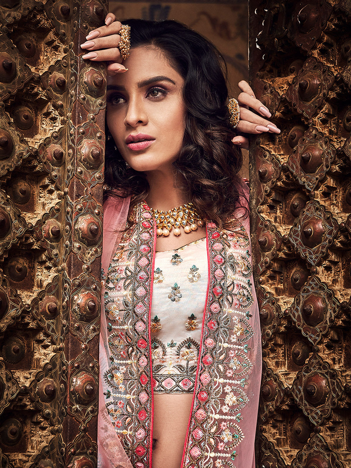 Apricot Embroidered  Organza Semi Stitched Lehenga With Unstitched Blouse Clothsvilla