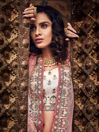 Apricot Embroidered  Organza Semi Stitched Lehenga With Unstitched Blouse Clothsvilla