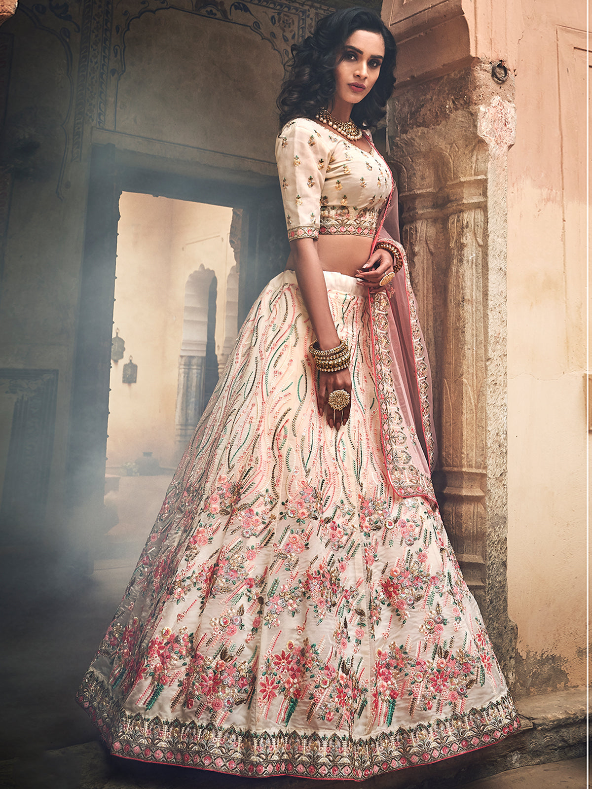 Apricot Embroidered  Organza Semi Stitched Lehenga With Unstitched Blouse Clothsvilla