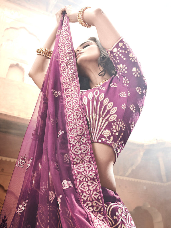 Purple Embroidered Art Silk Semi Stitched Lehenga With Unstitched Blouse Clothsvilla