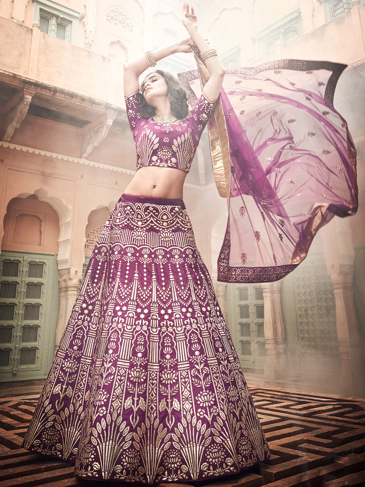 Purple Embroidered Art Silk Semi Stitched Lehenga With Unstitched Blouse Clothsvilla