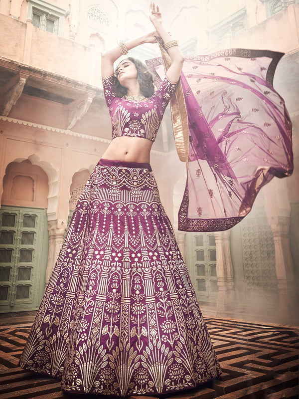 Purple Embroidered Art Silk Semi Stitched Lehenga With Unstitched Blouse Clothsvilla