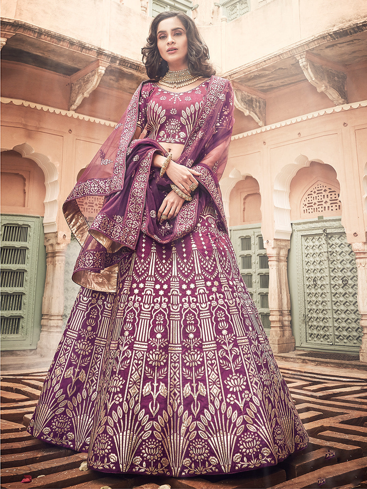 Purple Embroidered Art Silk Semi Stitched Lehenga With Unstitched Blouse Clothsvilla