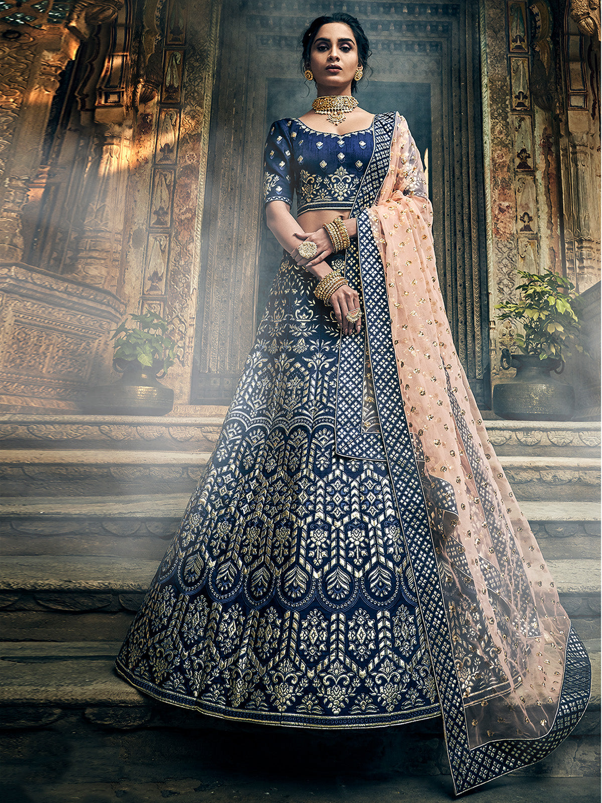 Dark Blue Art Silk Semi Stitched Lehenga With Unstitched Blouse Clothsvilla Main image