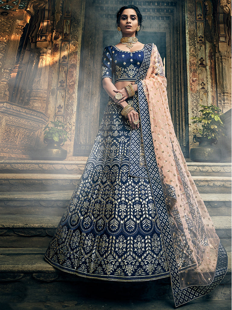 Dark Blue Art Silk Semi Stitched Lehenga With Unstitched Blouse Clothsvilla