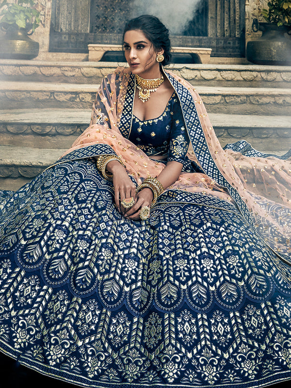 Dark Blue Art Silk Semi Stitched Lehenga With Unstitched Blouse Clothsvilla