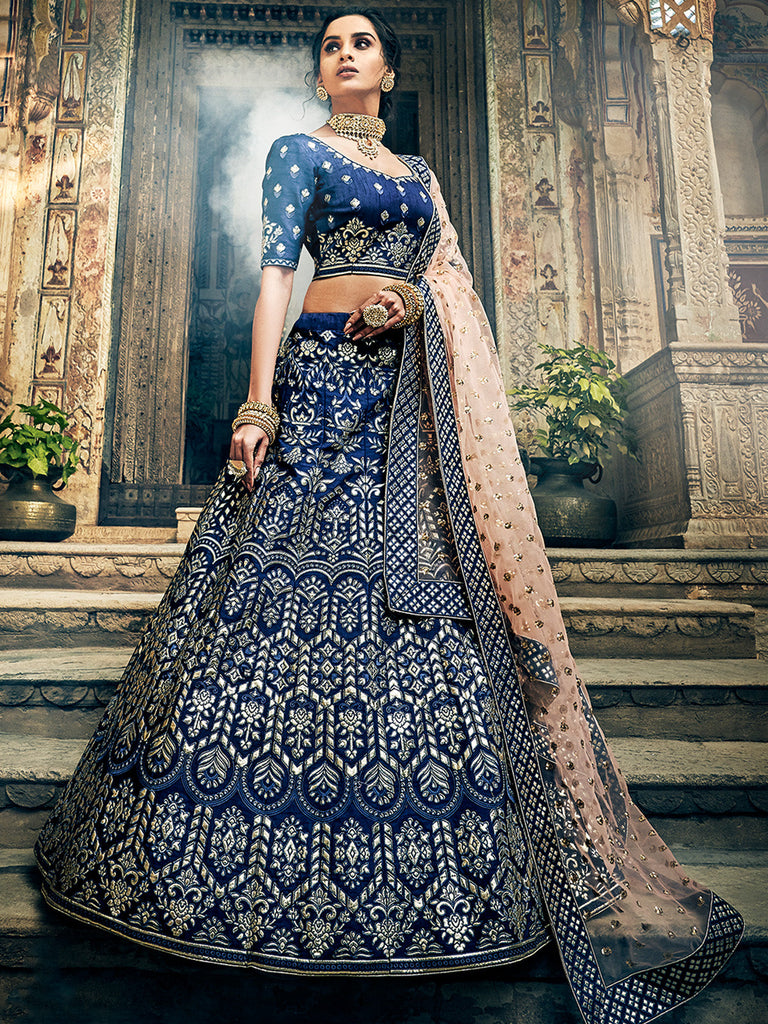 Dark Blue Art Silk Semi Stitched Lehenga With Unstitched Blouse Clothsvilla