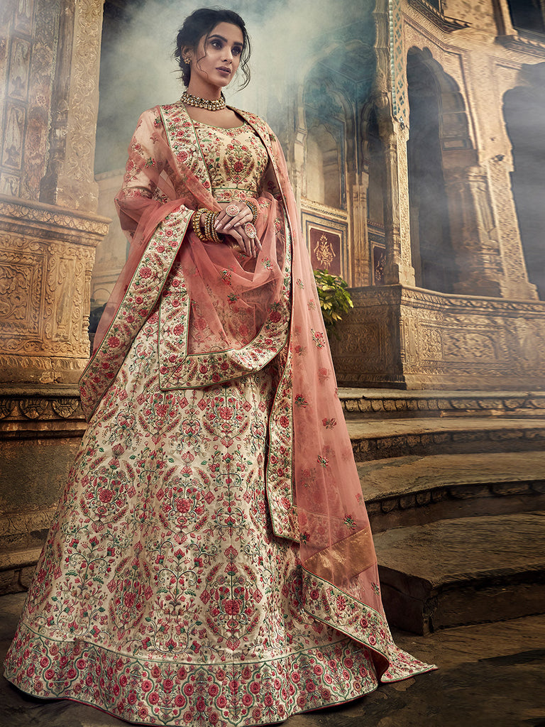 Peach Art Silk Semi Stitched Lehenga With Unstitched Blouse Clothsvilla