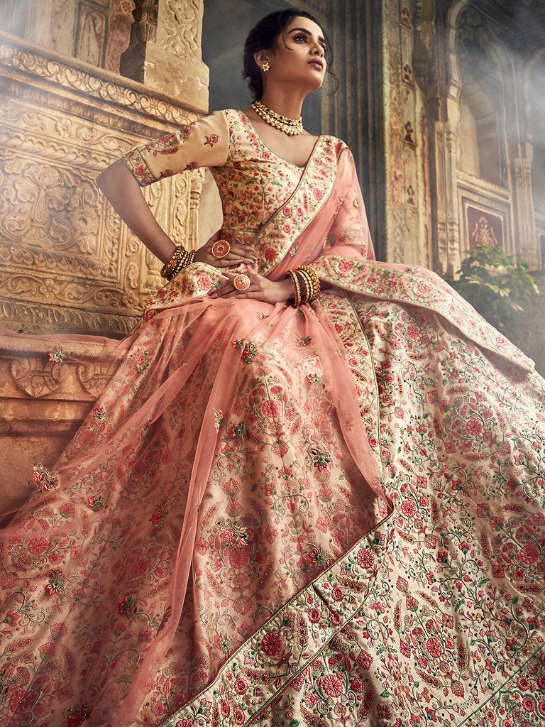 Peach Art Silk Semi Stitched Lehenga With Unstitched Blouse Clothsvilla