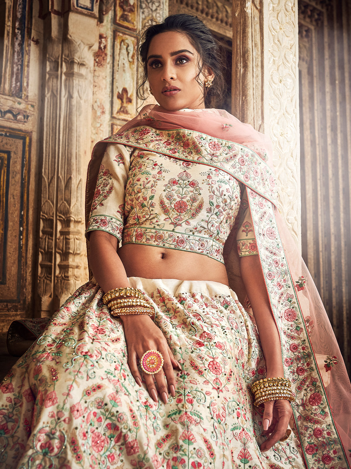 Peach Art Silk Semi Stitched Lehenga With Unstitched Blouse Clothsvilla