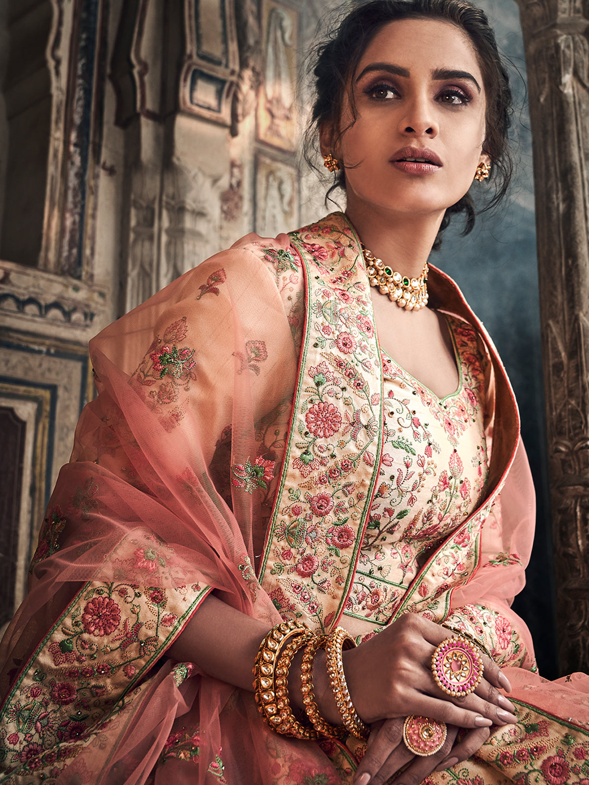Peach Art Silk Semi Stitched Lehenga With Unstitched Blouse Clothsvilla