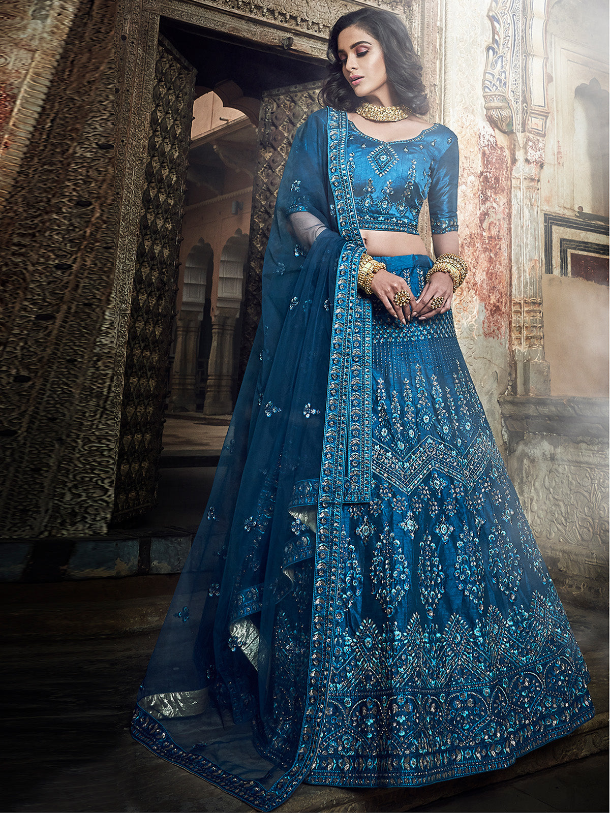 Dark Blue Embroidered Art Silk Semi Stitched Lehenga With Unstitched Blouse Clothsvilla