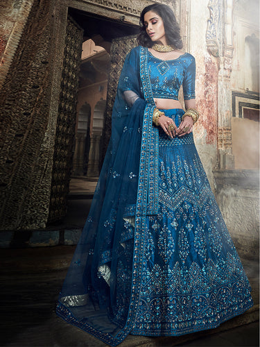 Dark Blue Embroidered Art Silk Semi Stitched Lehenga With Unstitched Blouse Clothsvilla