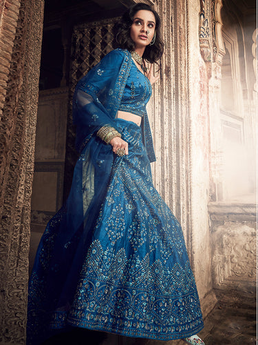 Dark Blue Embroidered Art Silk Semi Stitched Lehenga With Unstitched Blouse Clothsvilla