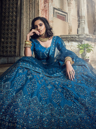 Dark Blue Embroidered Art Silk Semi Stitched Lehenga With Unstitched Blouse Clothsvilla