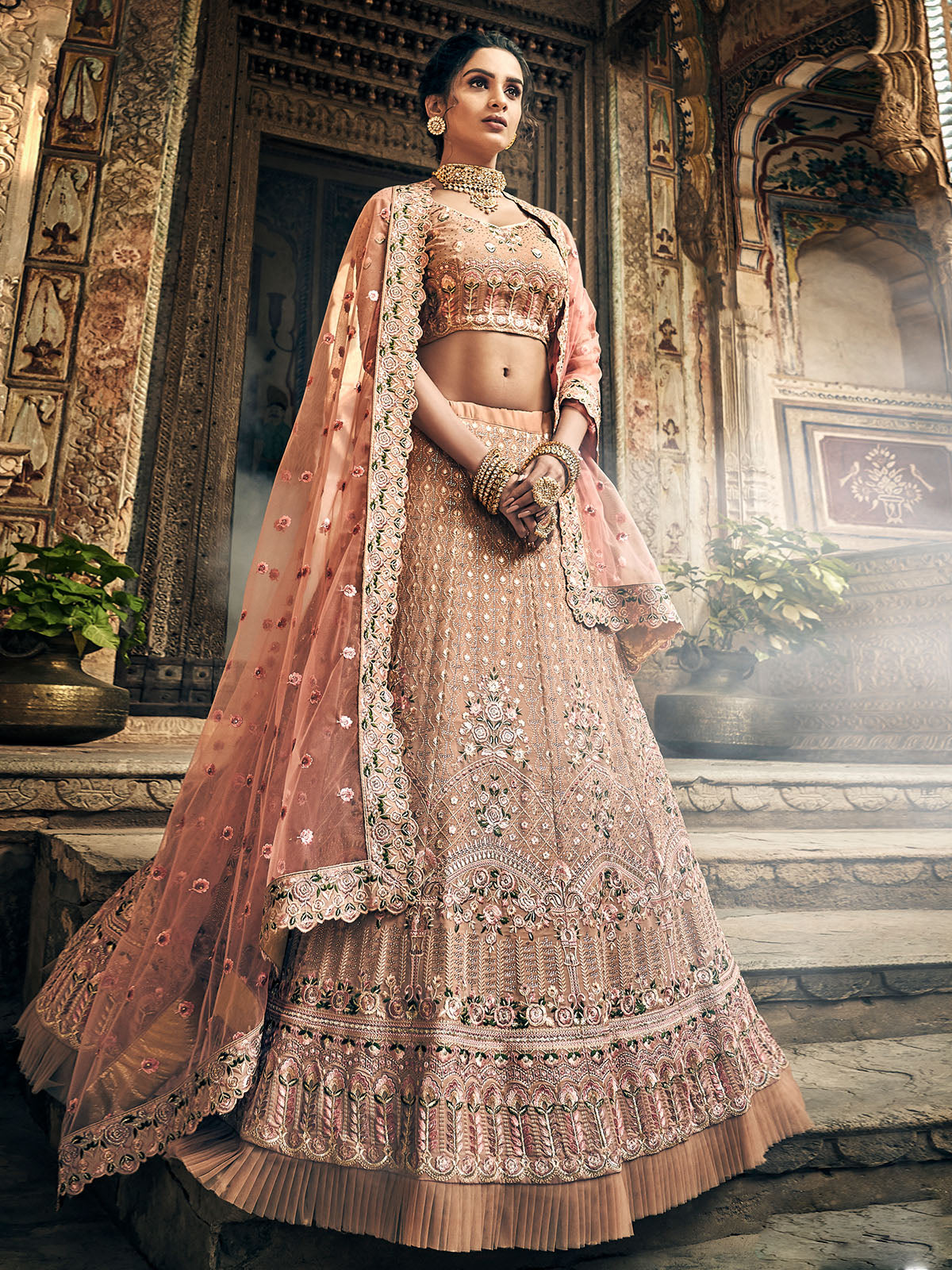 Peach Georgette Semi Stitched Lehenga With Unstitched Blouse Clothsvilla