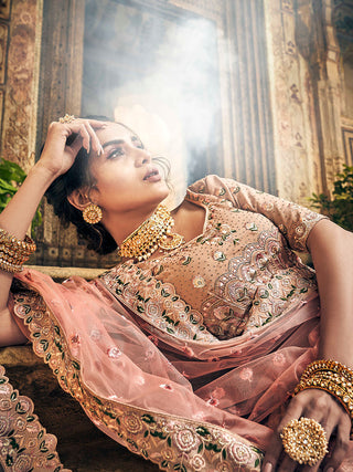 Peach Georgette Semi Stitched Lehenga With Unstitched Blouse Clothsvilla