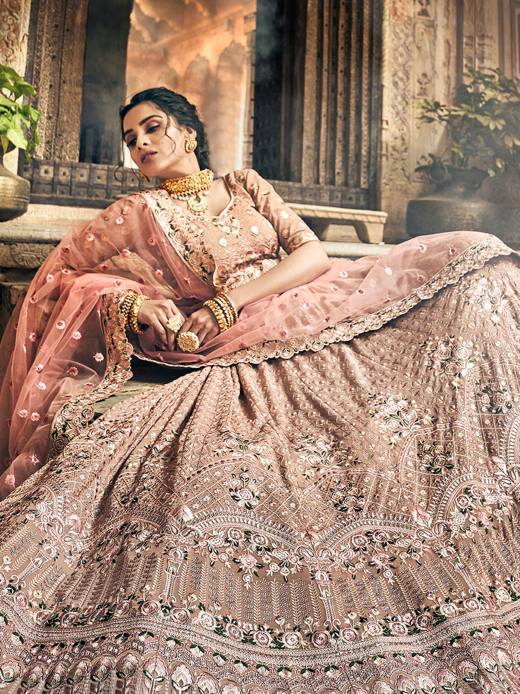 Peach Georgette Semi Stitched Lehenga With Unstitched Blouse Clothsvilla