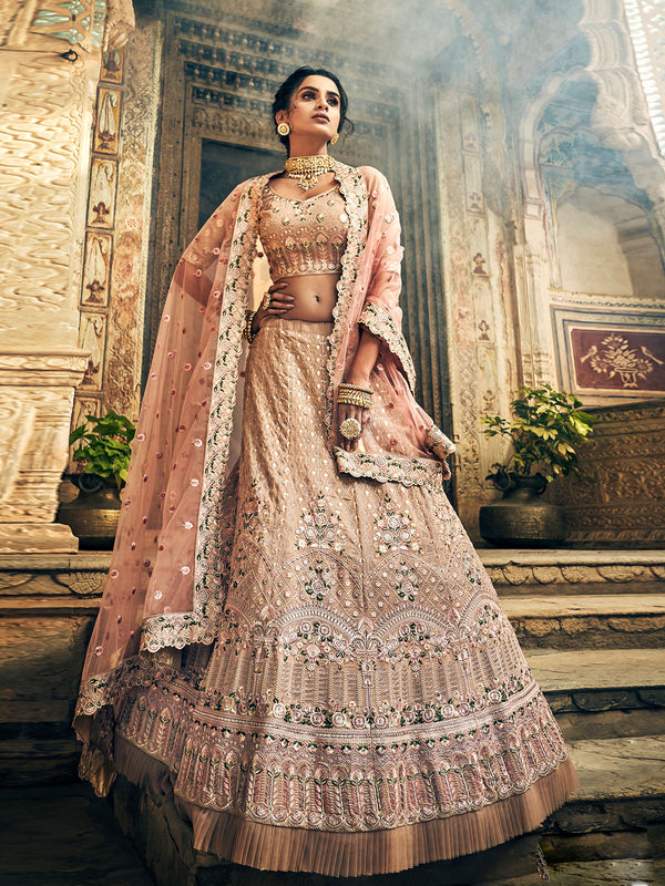 Peach Georgette Semi Stitched Lehenga With Unstitched Blouse Clothsvilla