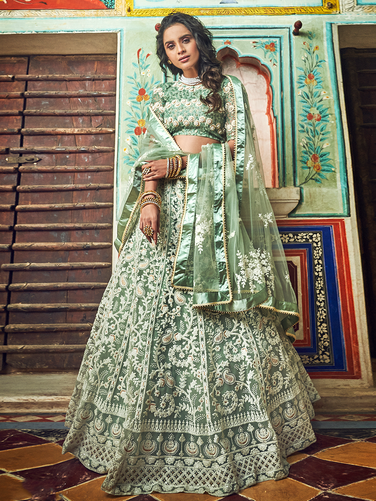 Sea Green Net Semi Stitched Lehenga With Unstitched Blouse Clothsvilla