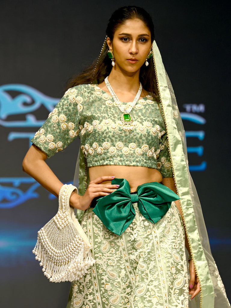 Sea Green Net Semi Stitched Lehenga With Unstitched Blouse Clothsvilla