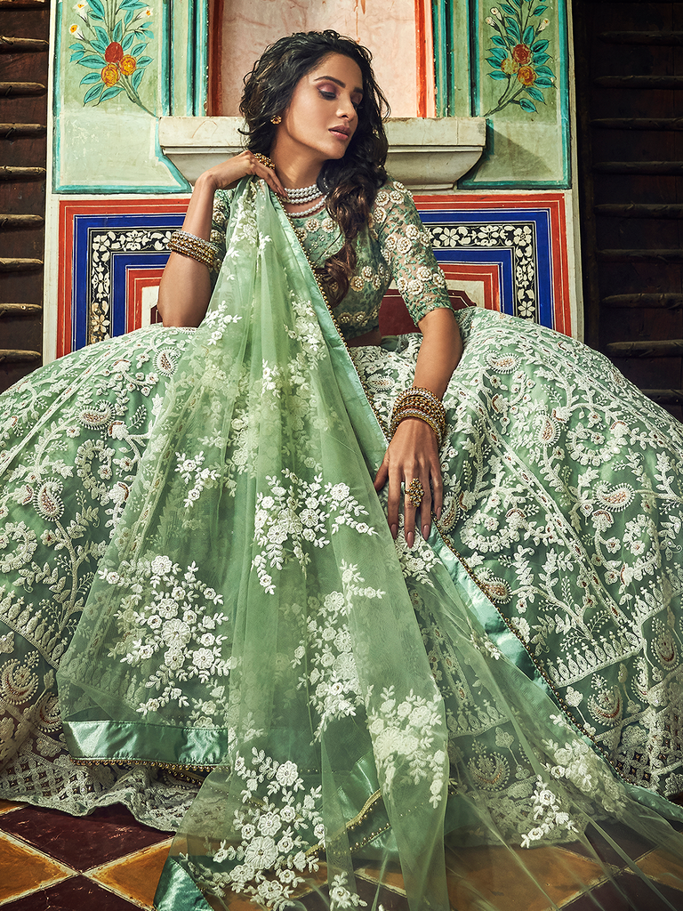 Sea Green Net Semi Stitched Lehenga With Unstitched Blouse Clothsvilla